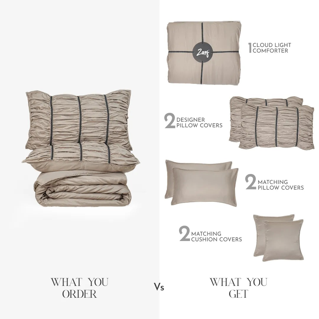 ZARF Italian Staple Weave Comforter With 2 Designer Pillow Cases, 2 Solid Pillowcases & 2 Cushion Covers - Marbelle