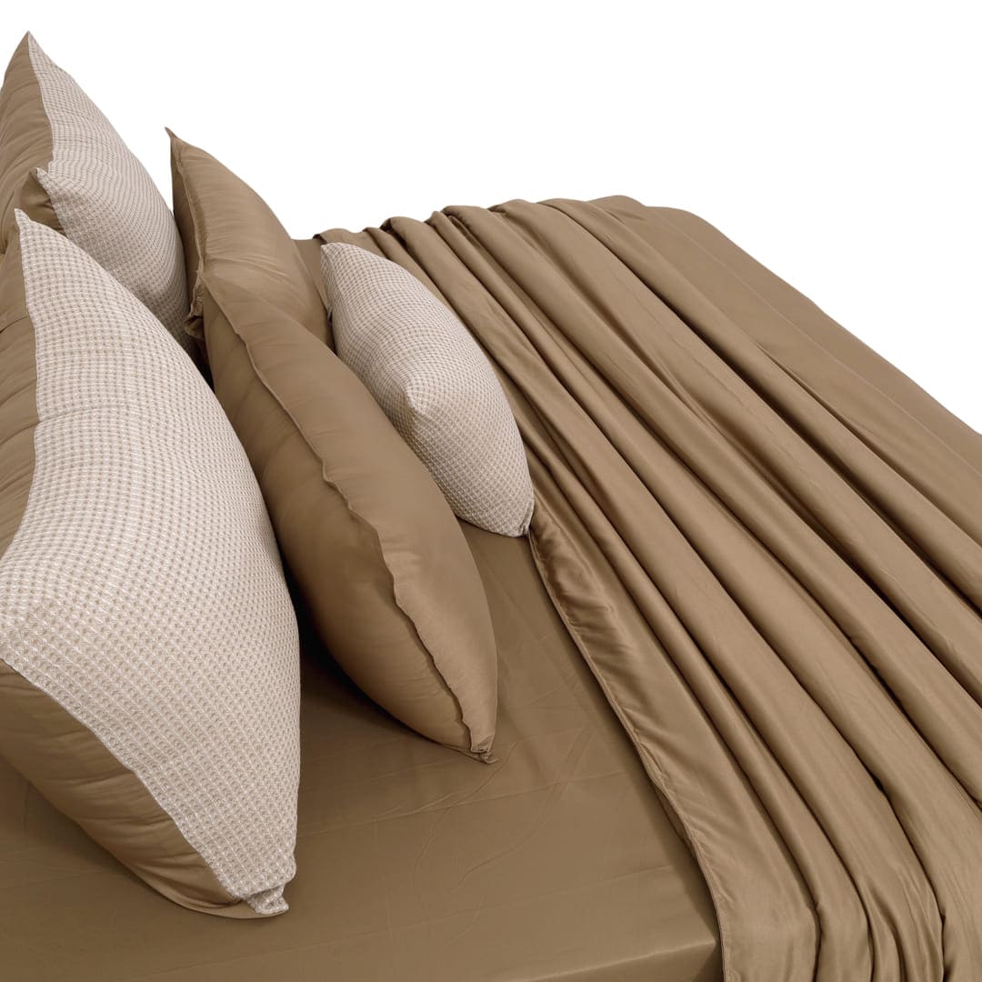 ZARF Italian Staple Weave Comforter With 2 Designer Pillow Cases 1 Breakfast Cushion Cover -Clay