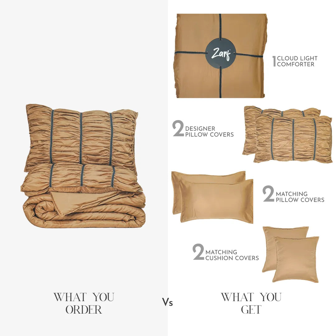 ZARF Italian Staple Weave Comforter With 2 Designer Pillow Cases, 2 Solid Pillowcases & 2 Cushion Covers - Butterscotch