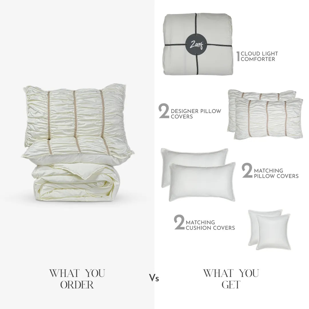 ZARF Italian Staple Weave Comforter With 2 Designer Pillow Cases, 2 Solid Pillowcases & 2 Cushion Covers - Porcelain