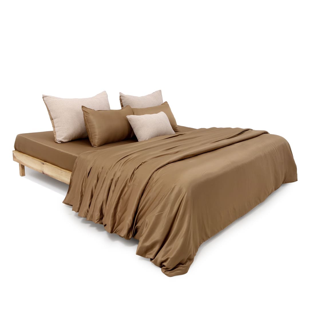 ZARF Italian Staple Weave Comforter With 2 Designer Pillow Cases 1 Breakfast Cushion Cover -Clay