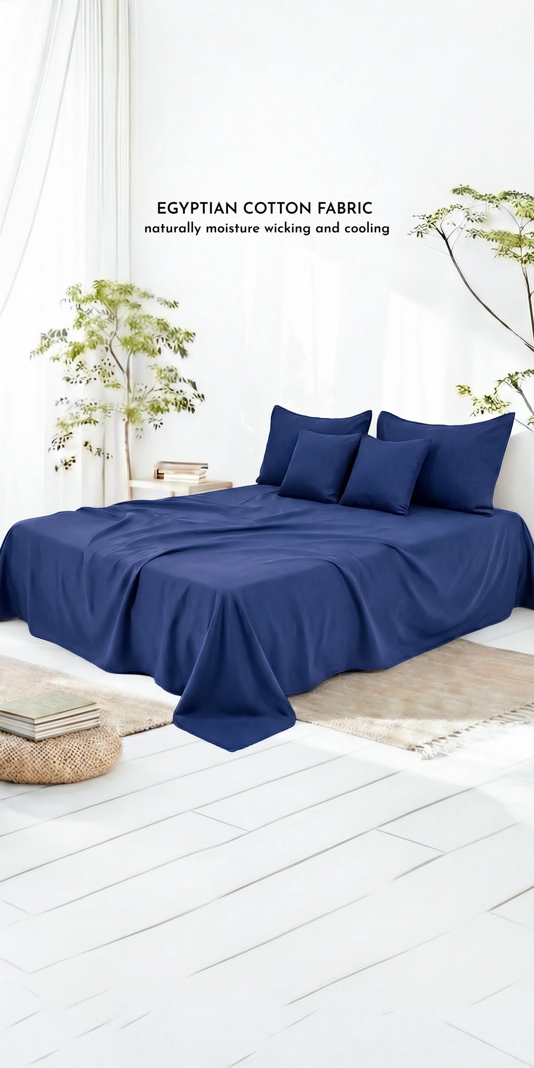 Zeries Egyptian Cotton Bedsheets With 2 Pillow Cases & 2 Cushion Covers - Atlantic