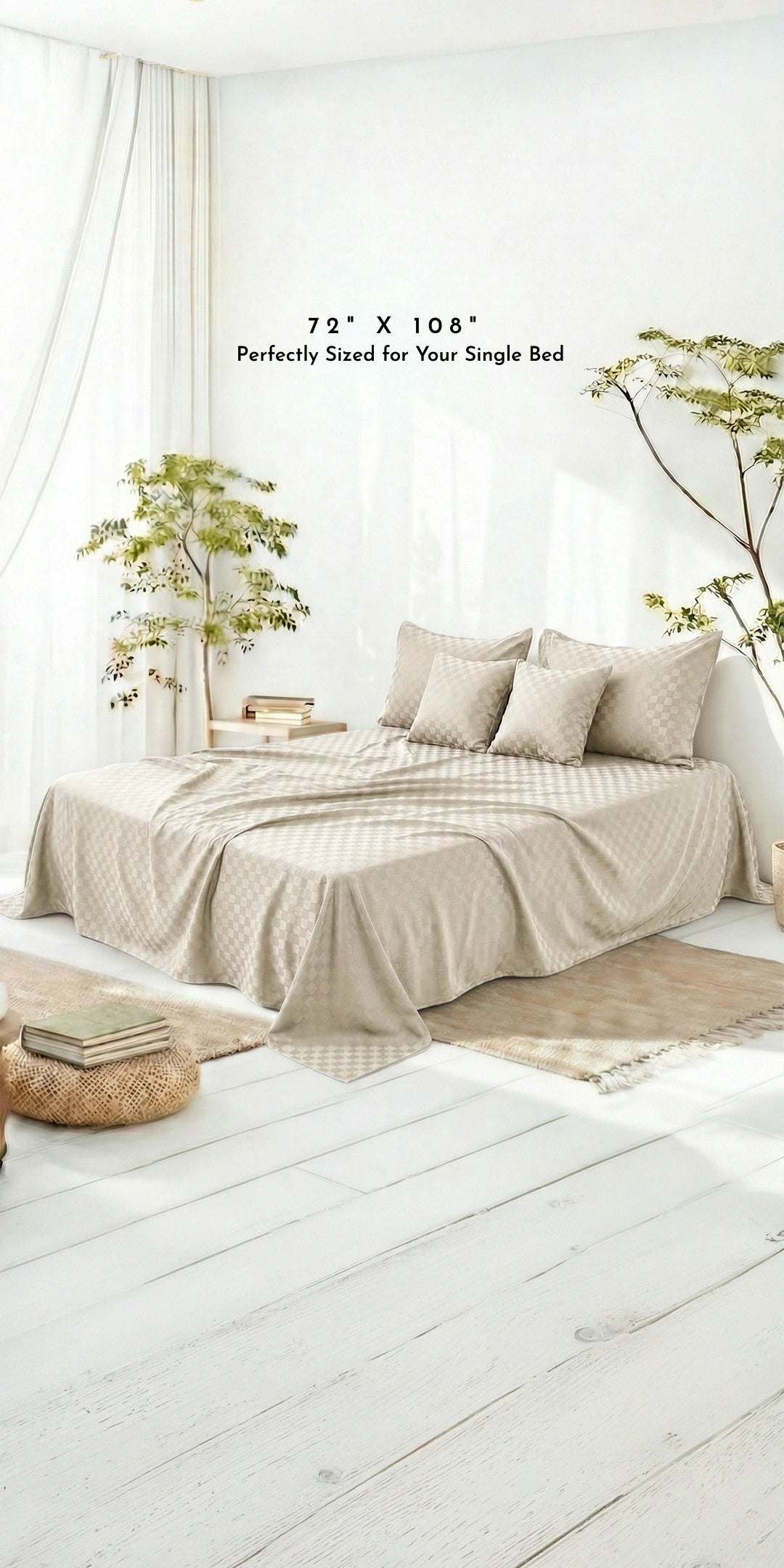 Zeries Egyptian Cotton Jacquard Single Size Bedsheet With 2 Pillow Cases & 2 Cushion Covers - Bisque