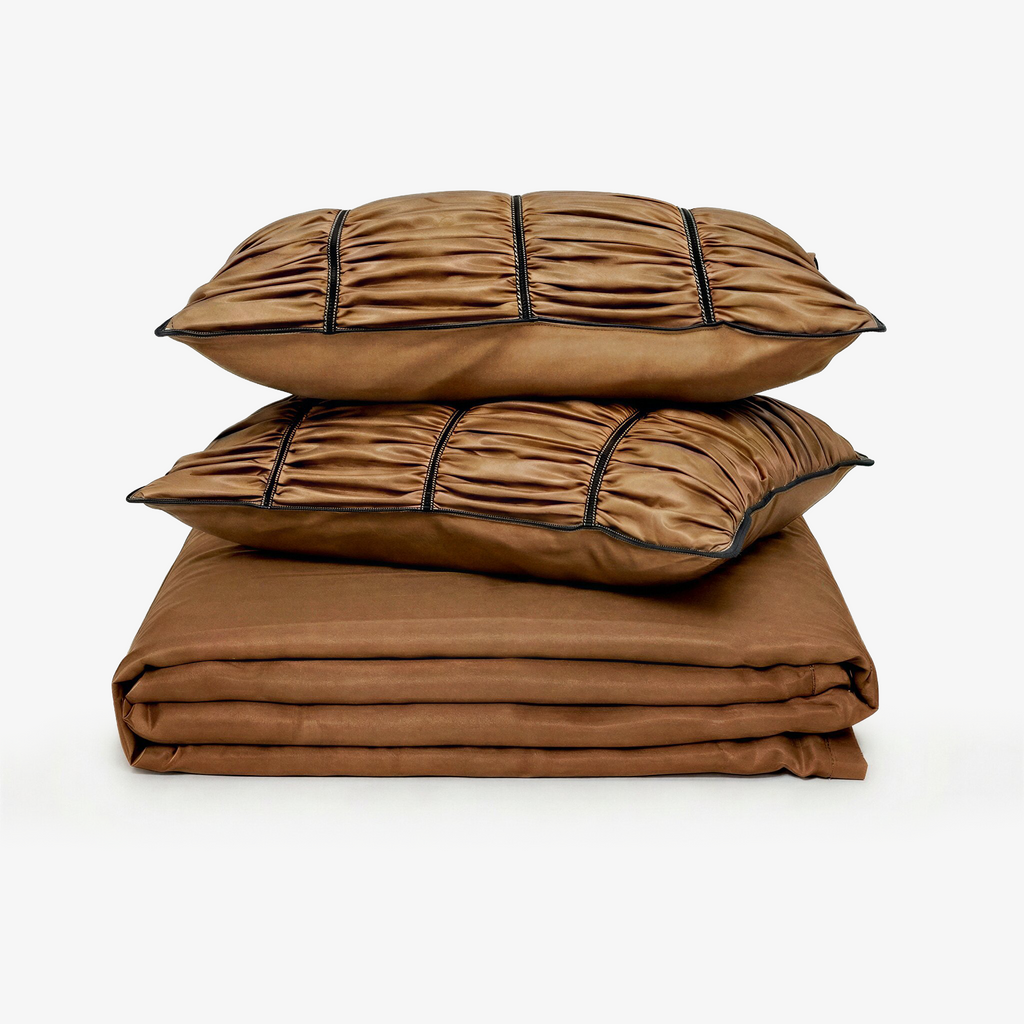 ZARF Italian Staple Weave Bedsheet With 2 Designer Pillow Cases, 2 Solid Pillowcases & 2 Cushion Covers - Butterscotch