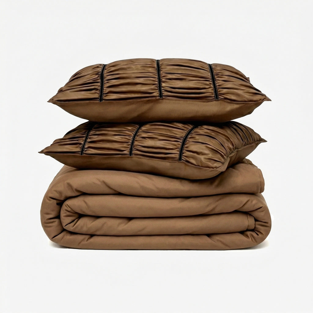 ZARF Italian Staple Weave Bedsheet With 2 Designer Pillow Cases, 2 Solid Pillowcases & 2 Cushion Covers - Caramel