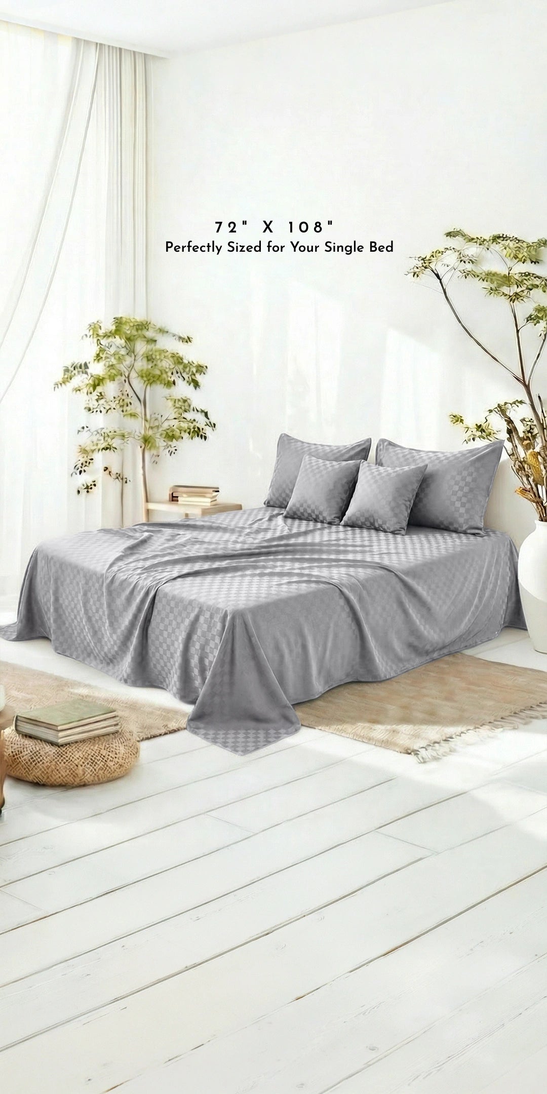 Zeries Egyptian Cotton Jacquard Single Size Bedsheet With 2 Pillow Cases & 2 Cushion Covers - Cenere