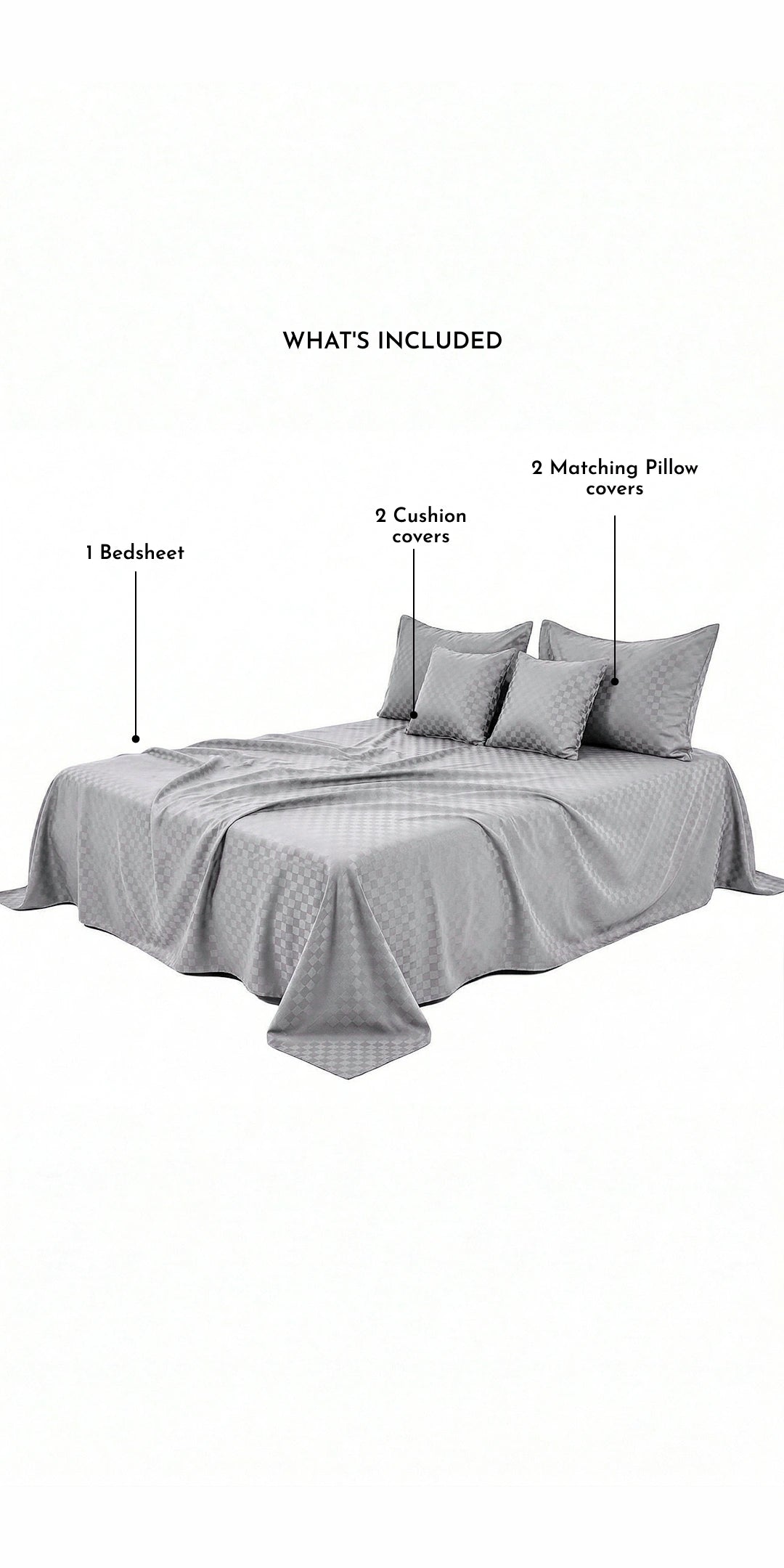 Zeries Egyptian Cotton Jacquard Single Size Bedsheet With 2 Pillow Cases & 2 Cushion Covers - Cenere