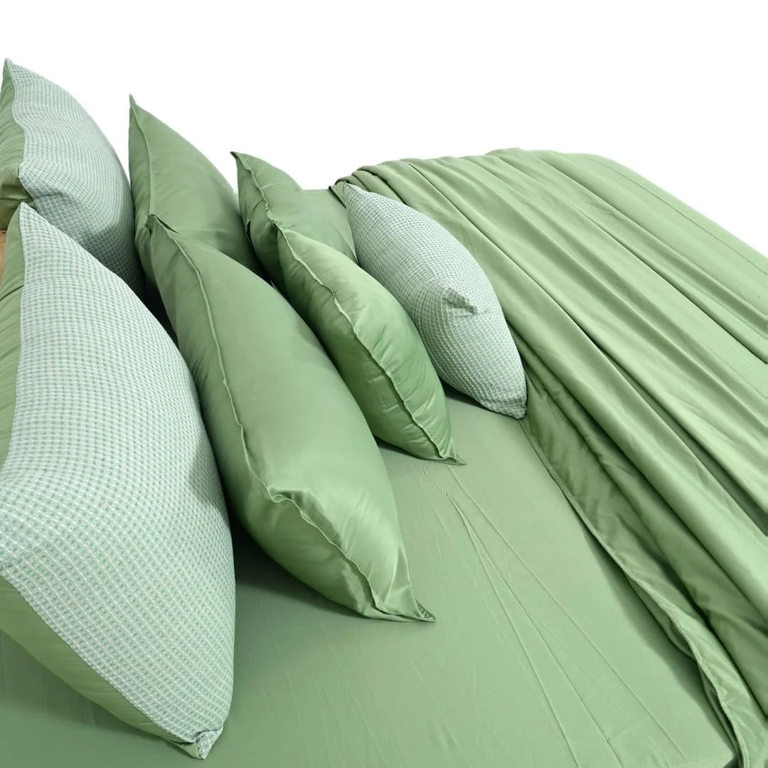 ZARF Italian Staple Weave Comforter With 2 Designer Pillow Cases 1 Breakfast Cushion Cover - Basil