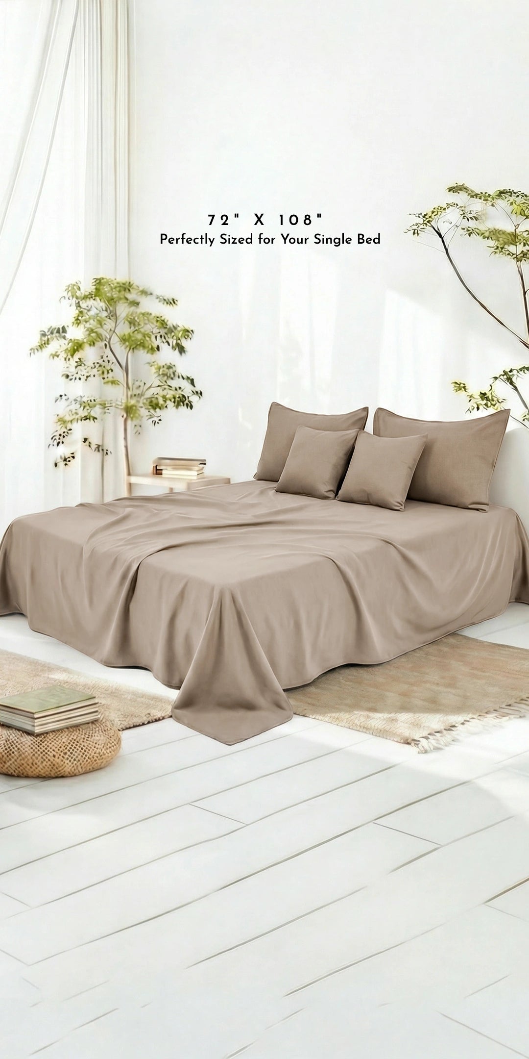 Zeries Egyptian Cotton Single Size Bedsheet With 2 Pillow Cases & 2 Cushion Covers - Dove