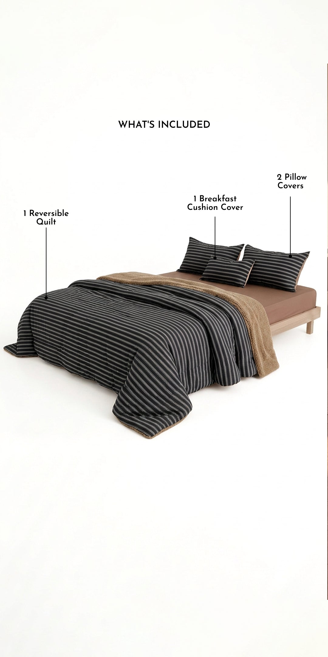 Zarf Reversible Quilt For Single Size Bed With 2 Pillow Covers and 1 Cushion Cover - Encre