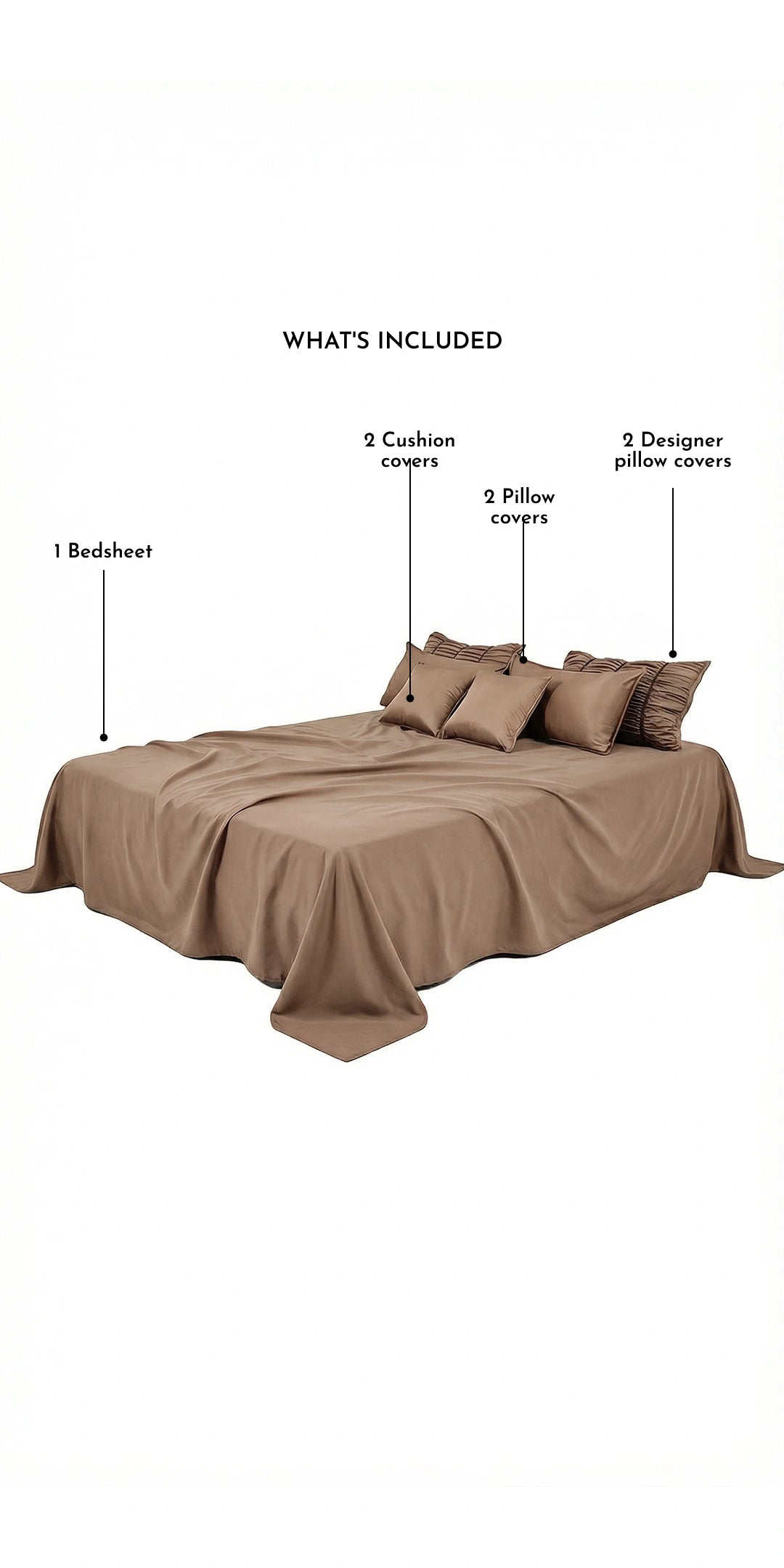 ZARF Italian Staple Weave Bedsheet With 2 Designer Pillow Cases, 2 Solid Pillowcases & 2 Cushion Covers - Caramel