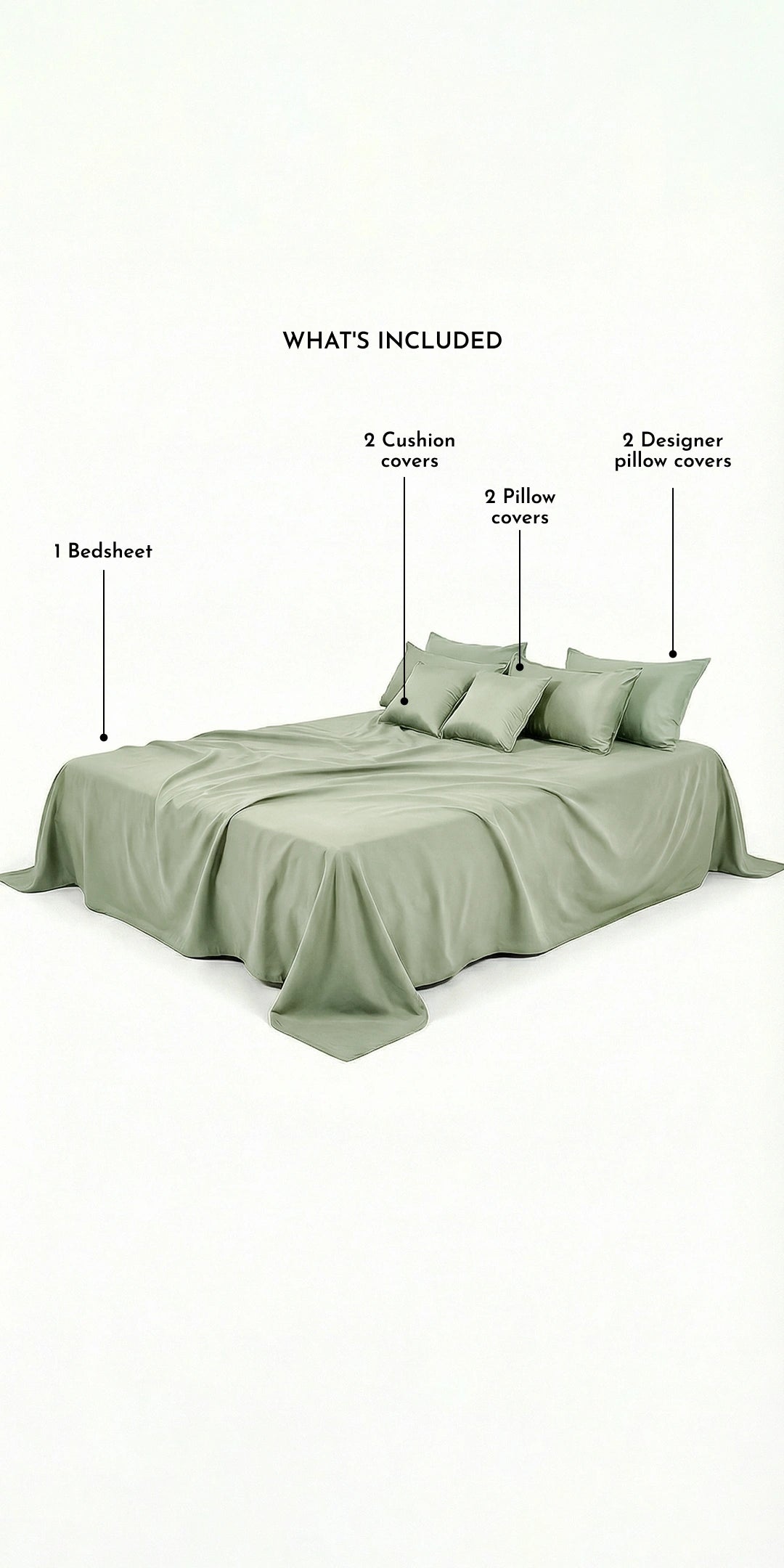 ZARF Italian Staple Weave Bedsheet With 2 Designer Pillow Cases, 2 Solid Pillowcases & 2 Cushion Covers - Pine