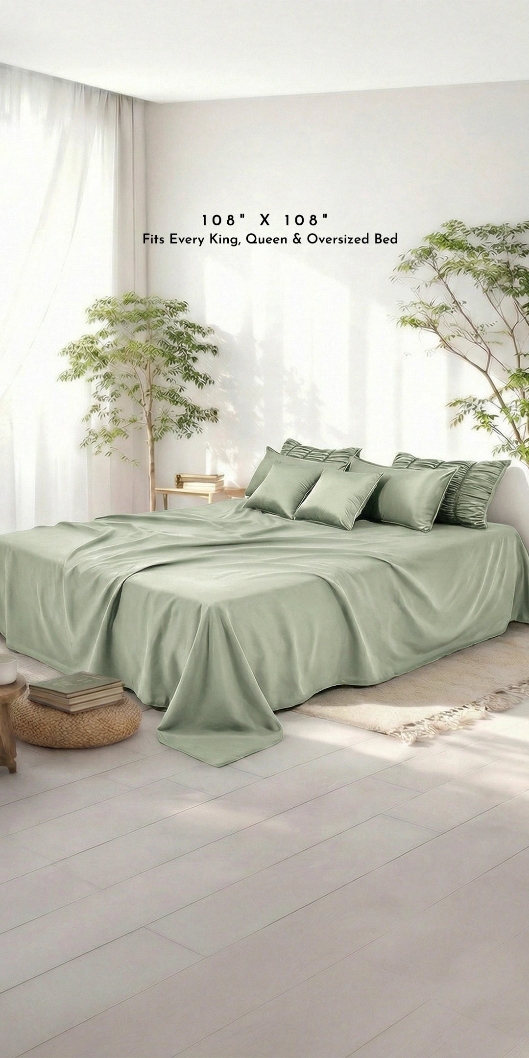 ZARF Italian Staple Weave Bedsheet With 2 Designer Pillow Cases, 2 Solid Pillowcases & 2 Cushion Covers - Pine