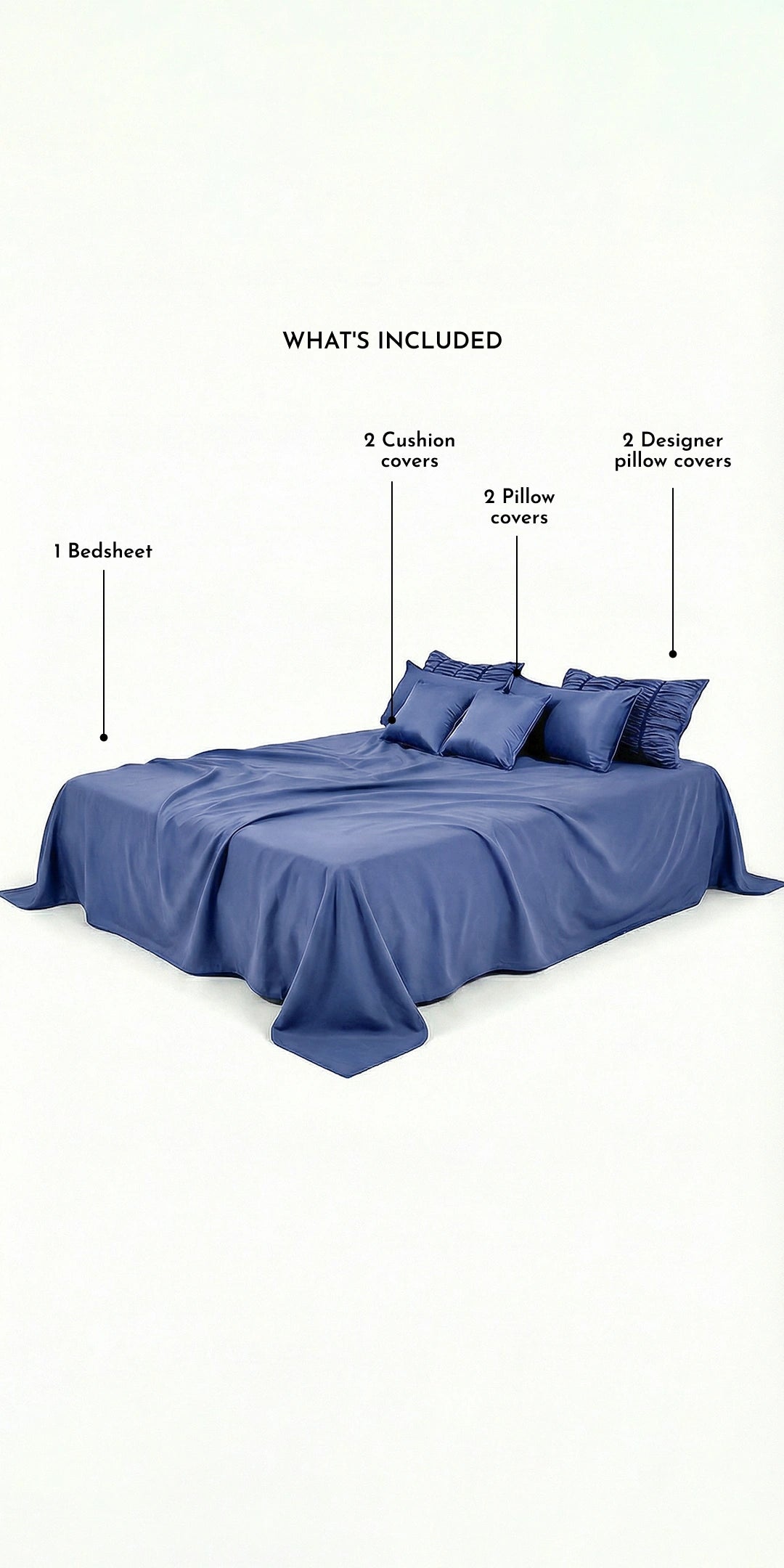ZARF Italian Staple Weave Bedsheet With 2 Designer Pillow Cases, 2 Solid Pillowcases & 2 Cushion Covers - Indigo