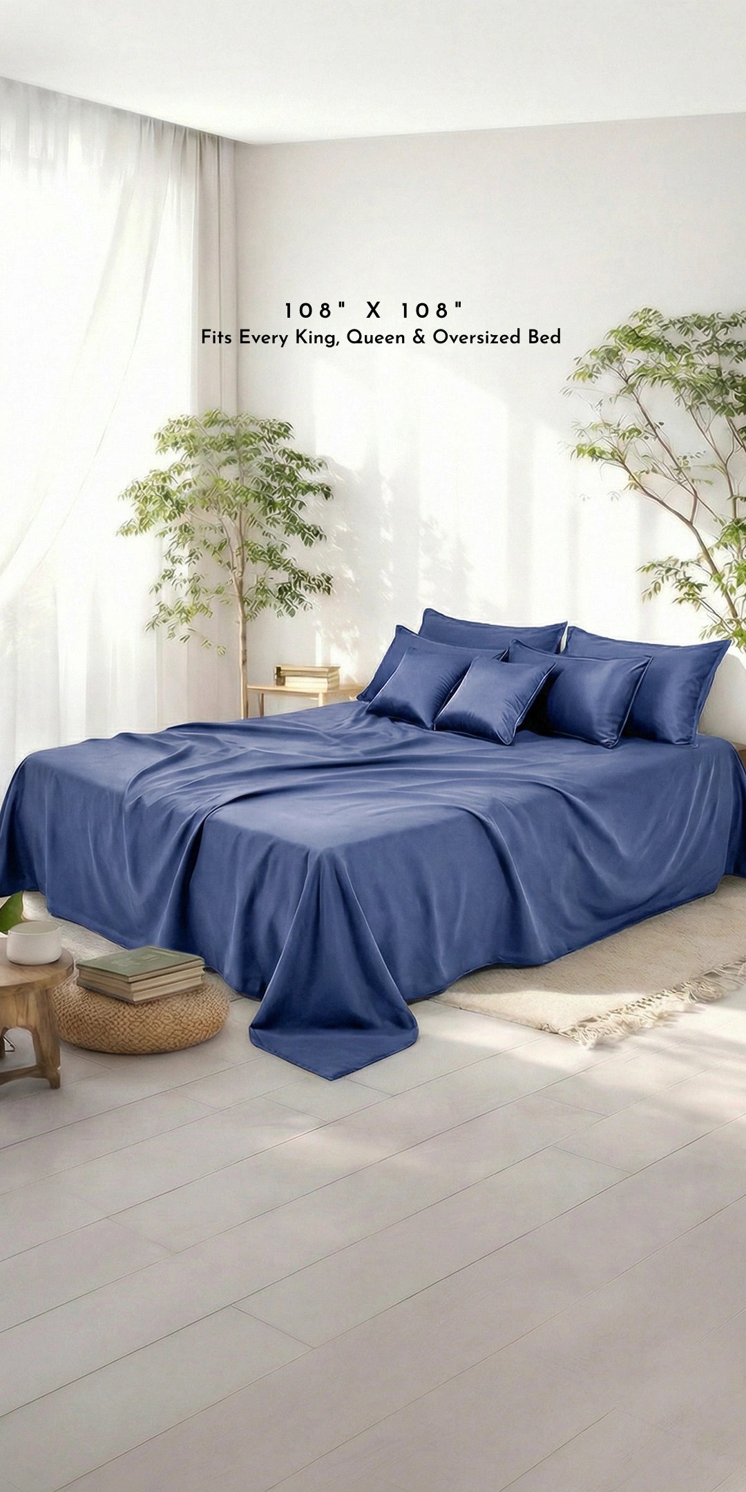 ZARF Italian Staple Weave Bedsheet With 2 Designer Pillow Cases, 2 Solid Pillowcases & 2 Cushion Covers - Indigo
