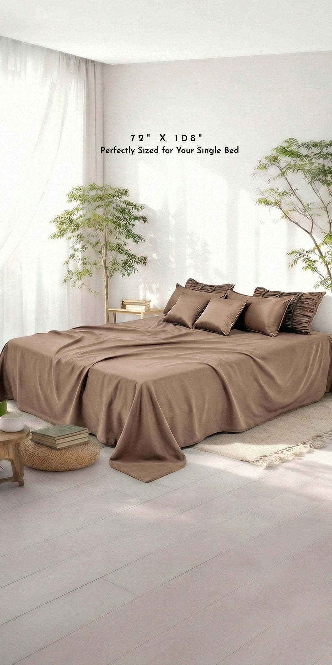 ZARF Italian Staple Weave Bedsheet For Single Size Bed With 2 Designer Pillow Cases, 2 Solid Pillowcases & 2 Cushion Covers - Caramel