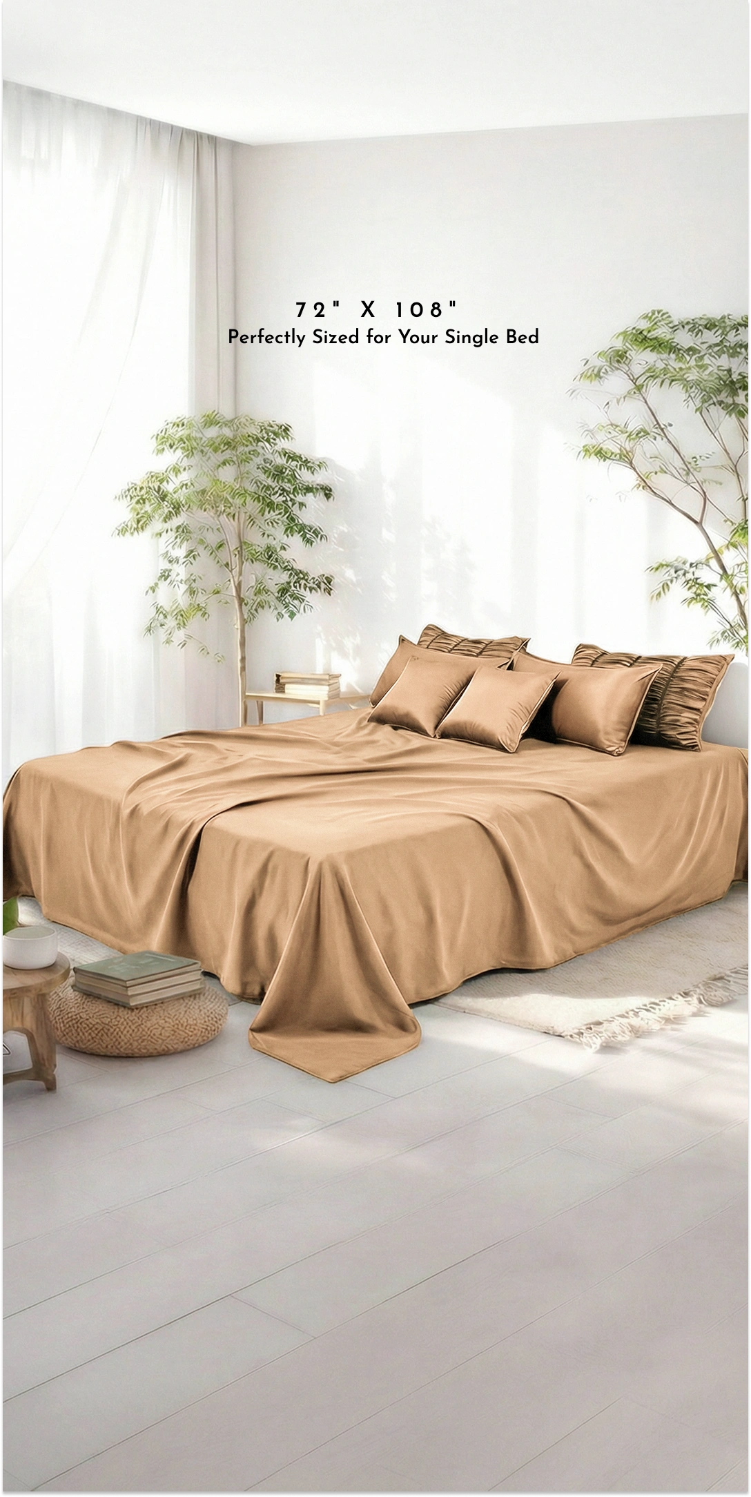 ZARF Italian Staple Weave Bedsheet For Single Size Bed With 2 Designer Pillow Cases, 2 Solid Pillowcases & 2 Cushion Covers - Butterscotch