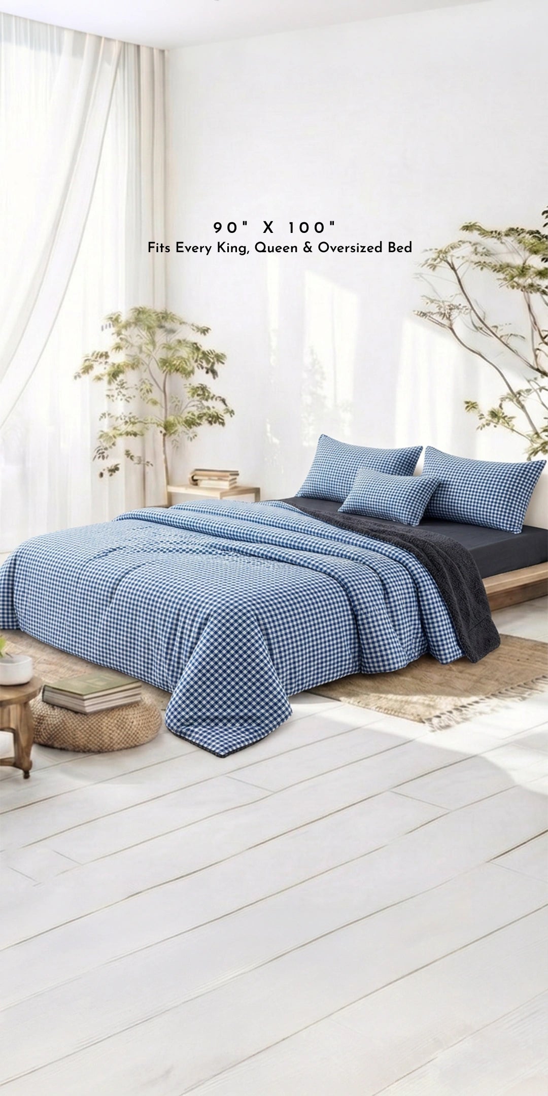 Zarf California King Size Reversible Quilt  With 2 pillowcases and 1 Breakfast Cushion cover - Gingham