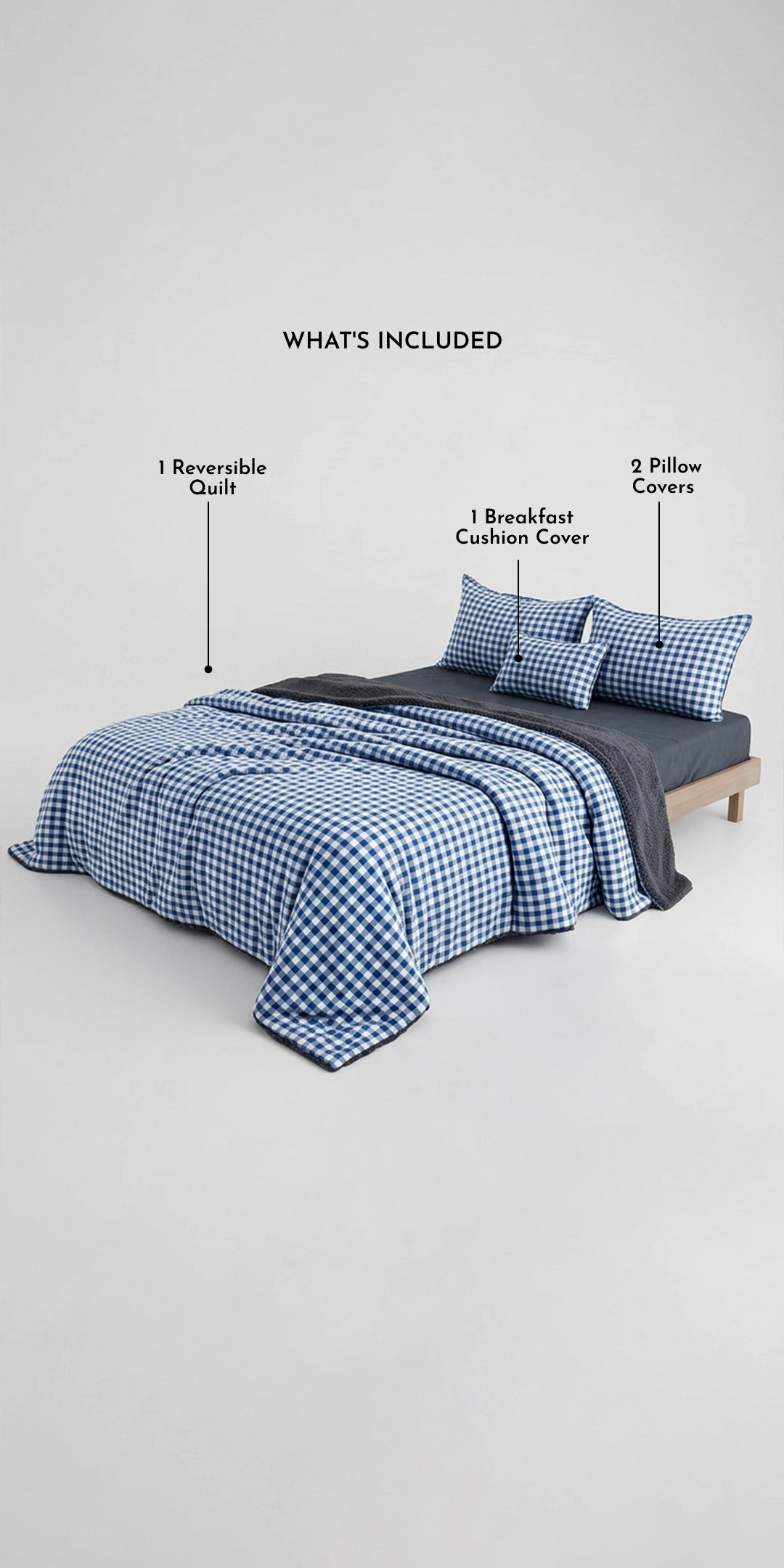 Zarf California King Size Reversible Quilt  With 2 pillowcases and 1 Breakfast Cushion cover - Gingham