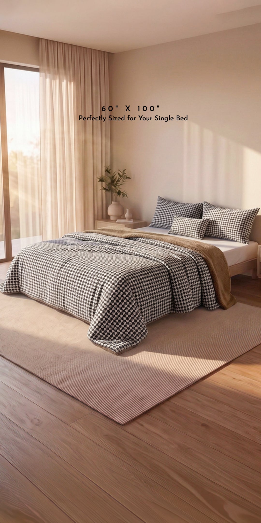 Zarf Reversible Quilt For Single Size Bed With 2 Pillow Covers and 1 Cushion Cover - Houndstooth