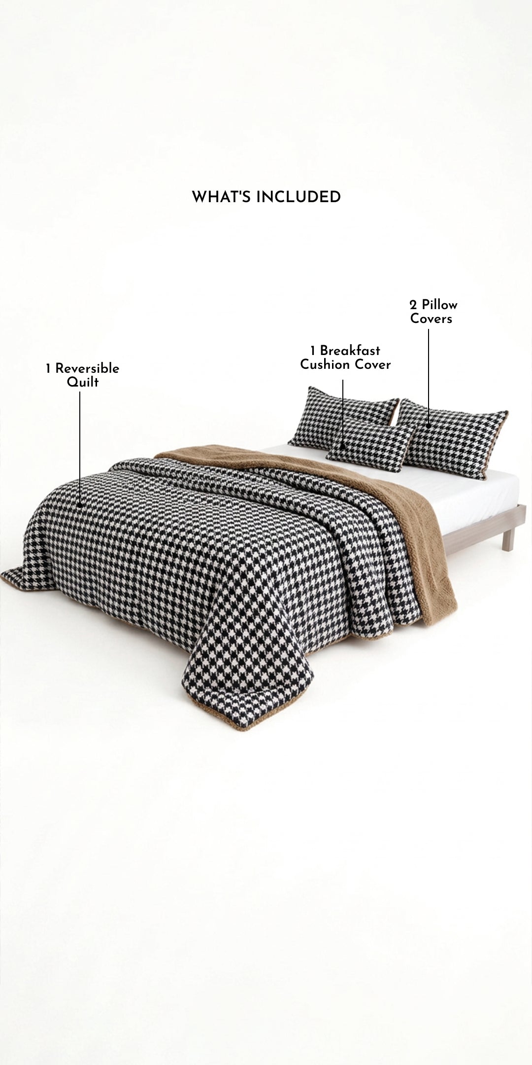 Zarf Reversible Quilt For Single Size Bed With 2 Pillow Covers and 1 Cushion Cover - Houndstooth
