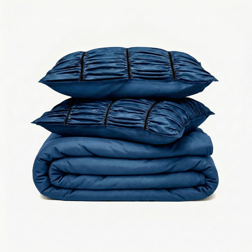 ZARF Italian Staple Weave Bedsheet With 2 Designer Pillow Cases, 2 Solid Pillowcases & 2 Cushion Covers - Indigo