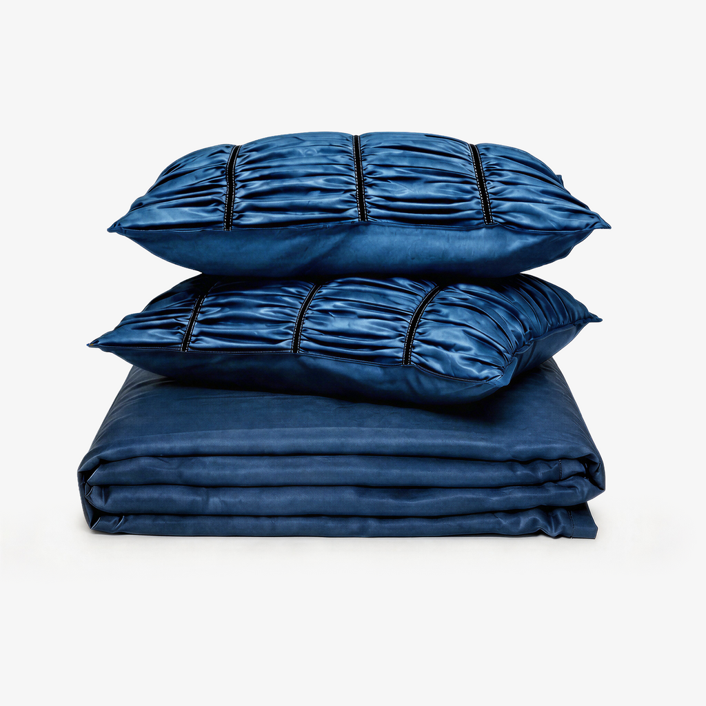 ZARF Italian Staple Weave Bedsheet With 2 Designer Pillow Cases, 2 Solid Pillowcases & 2 Cushion Covers - Indigo