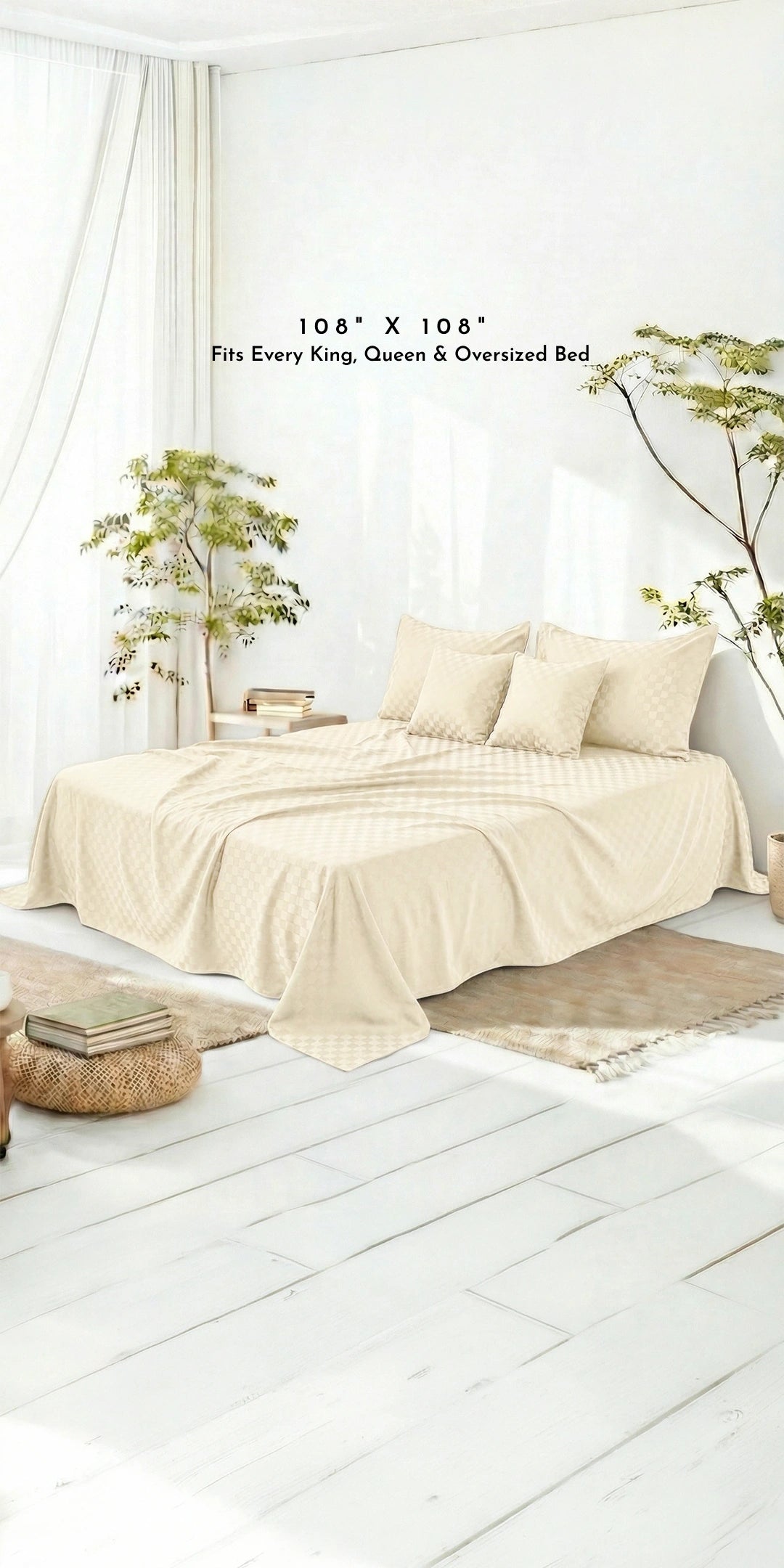 Zeries Egyptian Cotton Jacquard Bedsheets With 2 Pillow Cases & 2 Cushion Covers - Ivory