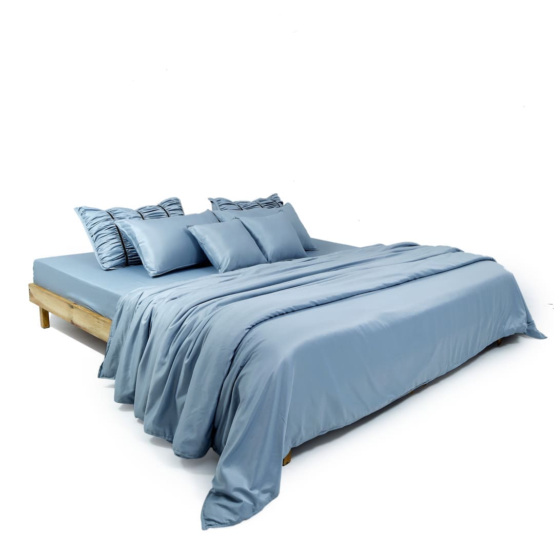 ZARF Italian Staple Weave Bedsheet With 2 Designer Pillow Cases, 2 Solid Pillowcases & 2 Cushion Covers - Skyline