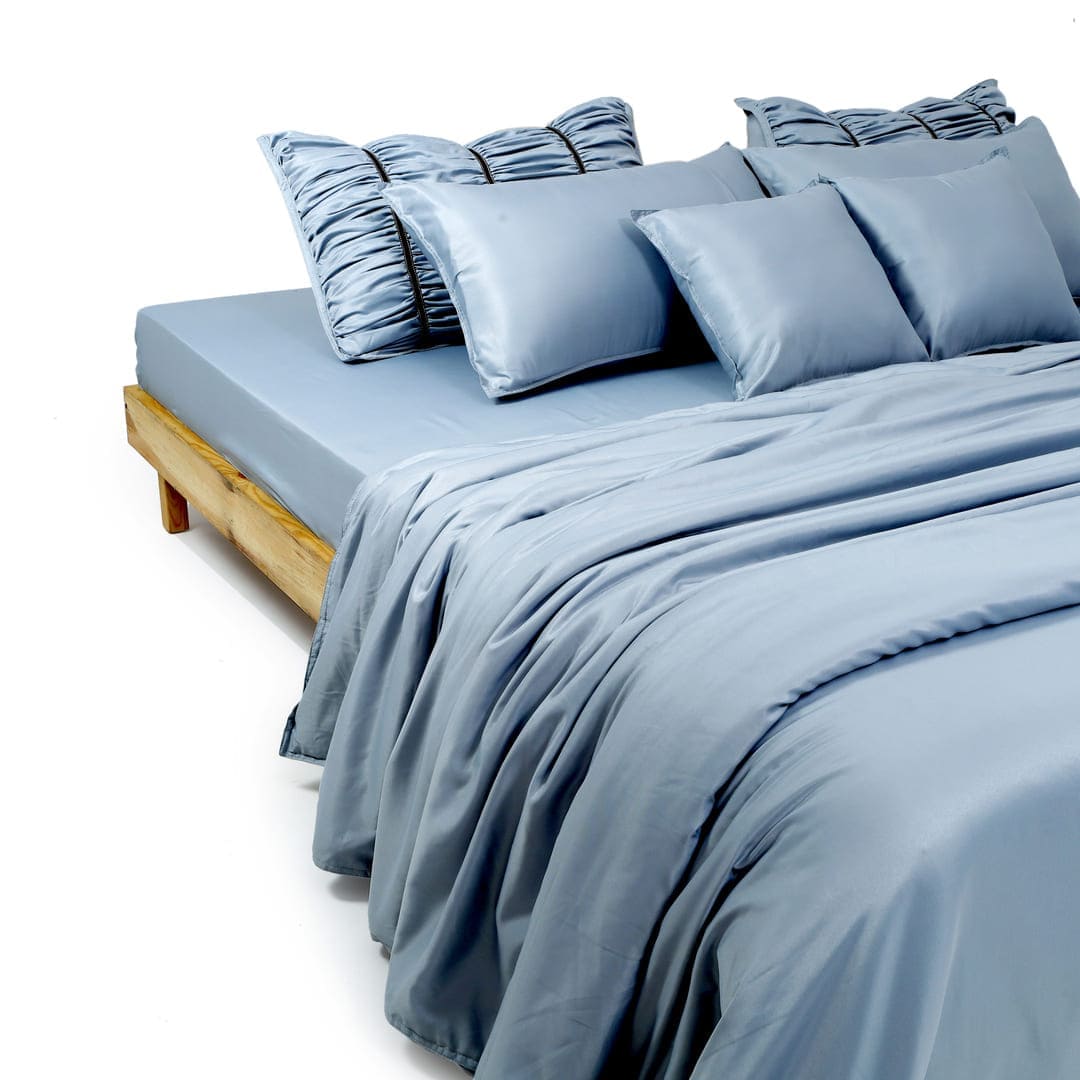 ZARF Italian Staple Weave Bedsheet With 2 Designer Pillow Cases, 2 Solid Pillowcases & 2 Cushion Covers - Skyline