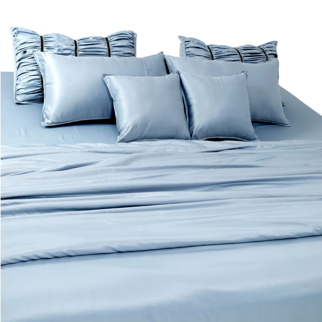 ZARF Italian Staple Weave Bedsheet With 2 Designer Pillow Cases, 2 Solid Pillowcases & 2 Cushion Covers - Skyline