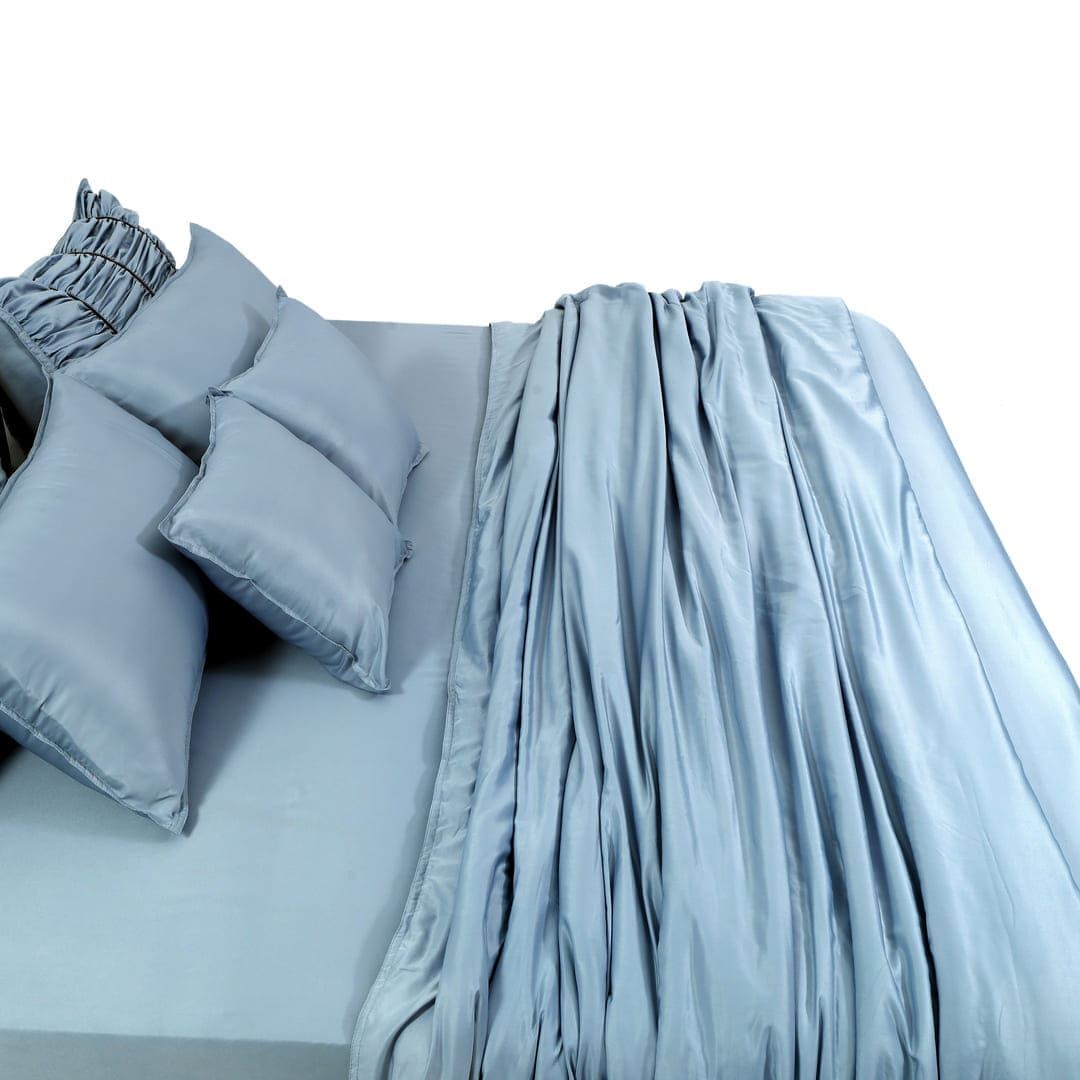 ZARF Italian Staple Weave Bedsheet With 2 Designer Pillow Cases, 2 Solid Pillowcases & 2 Cushion Covers - Skyline