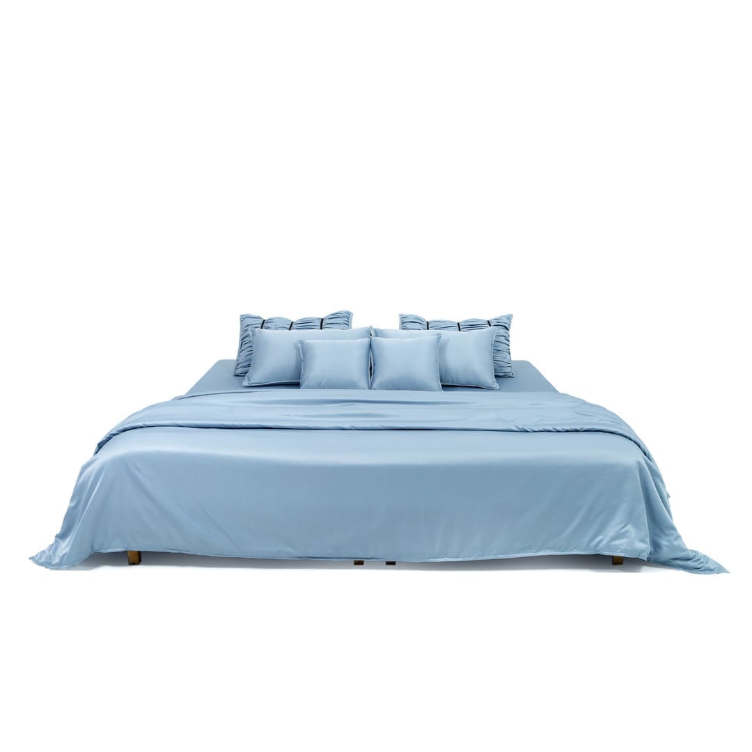 ZARF Italian Staple Weave Bedsheet With 2 Designer Pillow Cases, 2 Solid Pillowcases & 2 Cushion Covers - Skyline