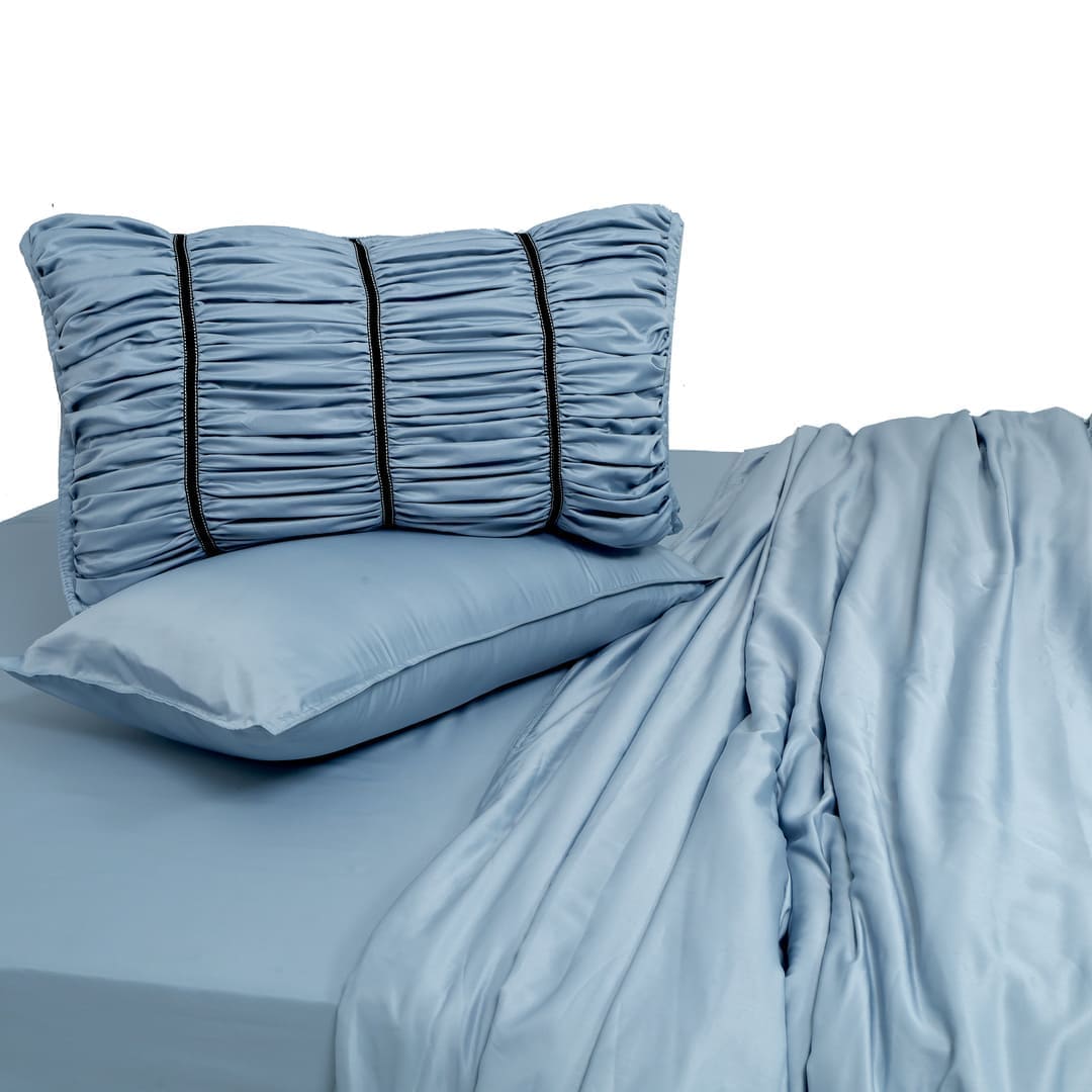 ZARF Italian Staple Weave Bedsheet With 2 Designer Pillow Cases, 2 Solid Pillowcases & 2 Cushion Covers - Skyline
