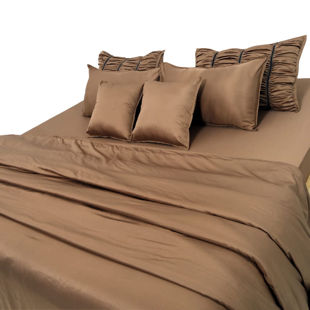 ZARF Italian Staple Weave Bedsheet With 2 Designer Pillow Cases, 2 Solid Pillowcases & 2 Cushion Covers - Caramel
