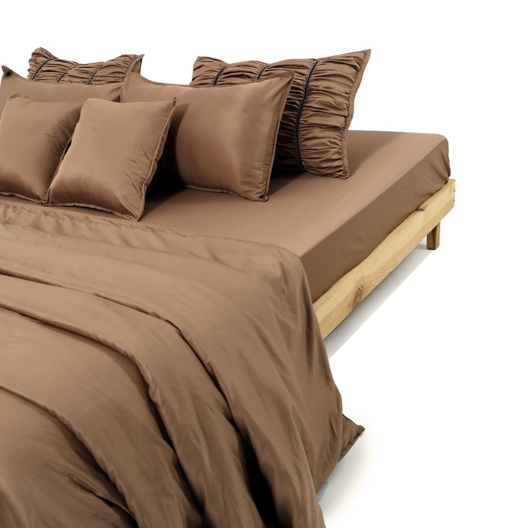 ZARF Italian Staple Weave Bedsheet With 2 Designer Pillow Cases, 2 Solid Pillowcases & 2 Cushion Covers - Caramel