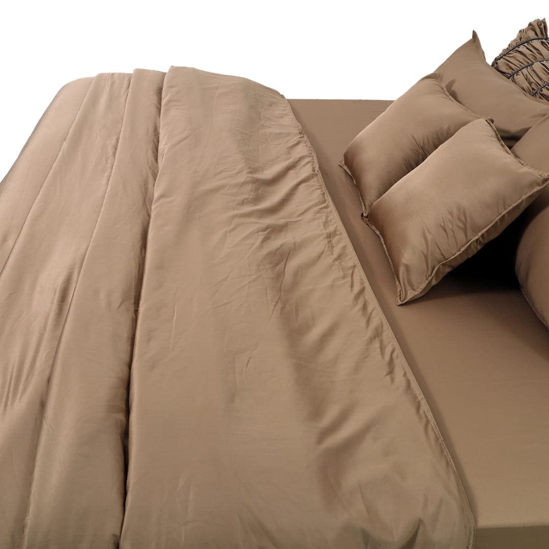 ZARF Italian Staple Weave Bedsheet With 2 Designer Pillow Cases, 2 Solid Pillowcases & 2 Cushion Covers - Caramel