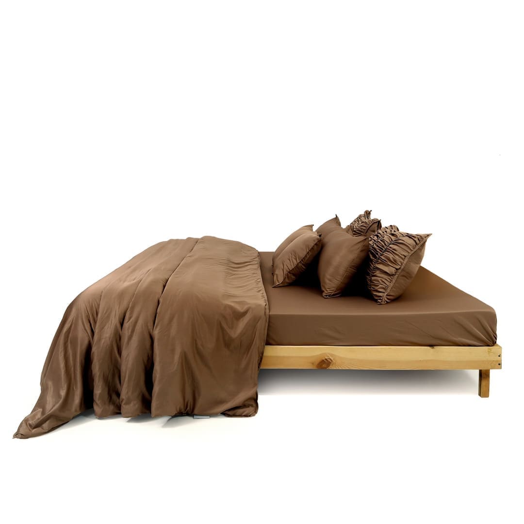 ZARF Italian Staple Weave Bedsheet With 2 Designer Pillow Cases, 2 Solid Pillowcases & 2 Cushion Covers - Caramel