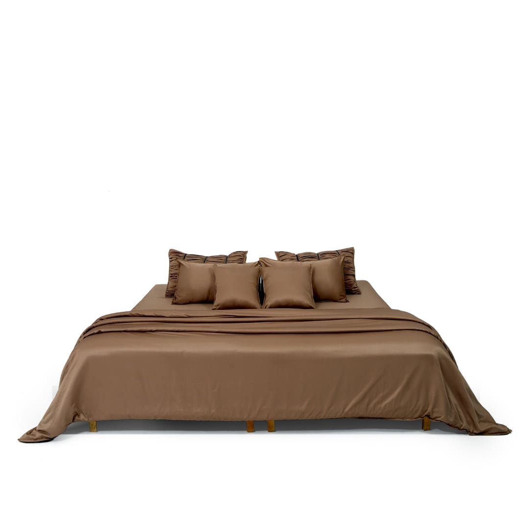 ZARF Italian Staple Weave Bedsheet With 2 Designer Pillow Cases, 2 Solid Pillowcases & 2 Cushion Covers - Caramel