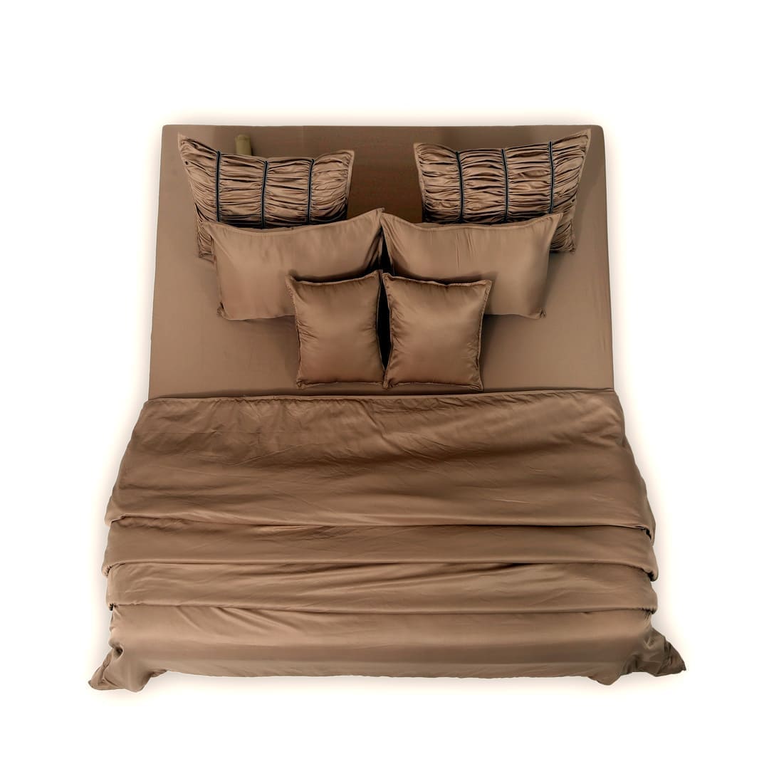 ZARF Italian Staple Weave Bedsheet With 2 Designer Pillow Cases, 2 Solid Pillowcases & 2 Cushion Covers - Caramel