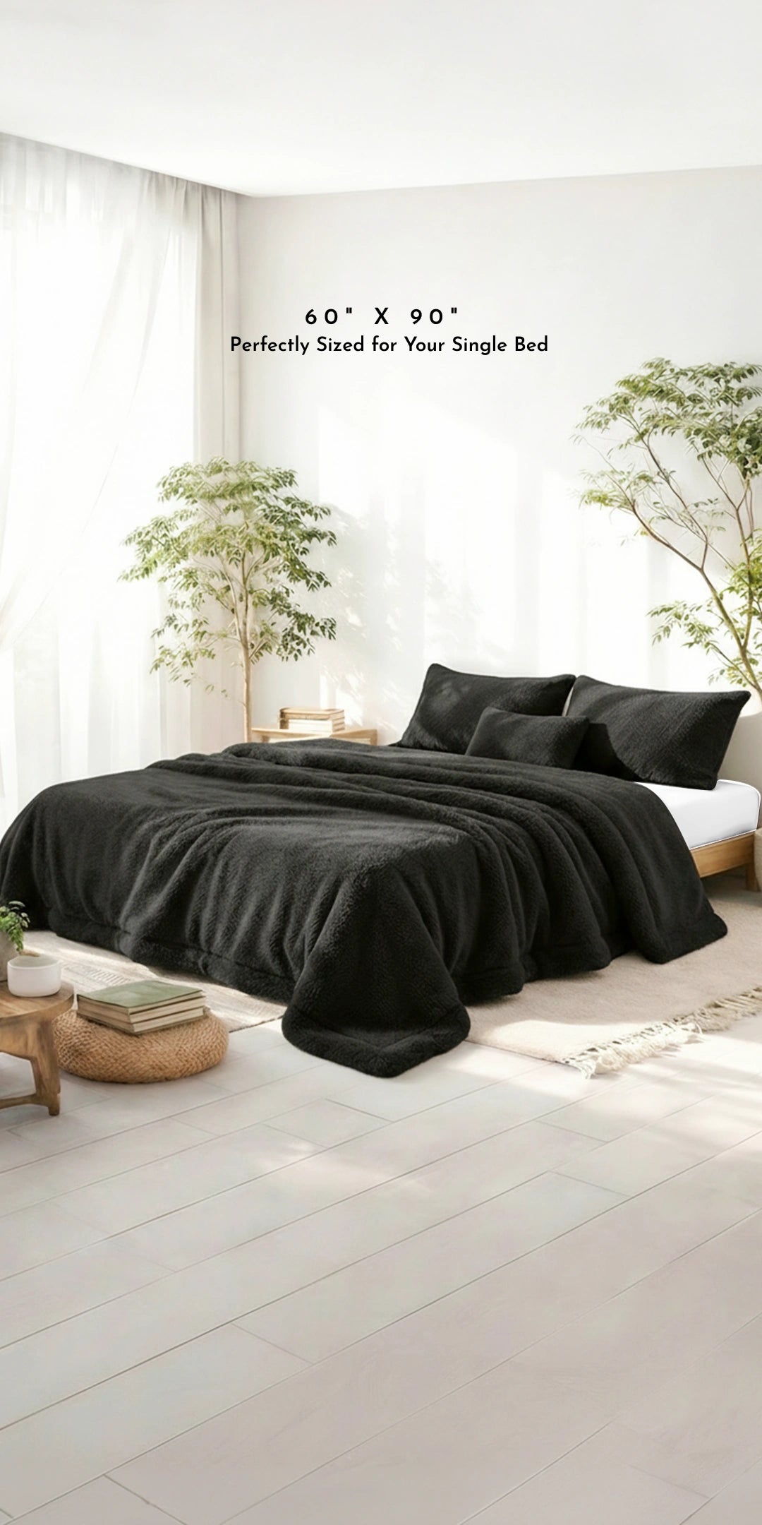 ZARF Faux Shearling Blanket With 2 pillowcases and 1 Breakfast Cushion cover For Single Size Bed - Midnight Sepia