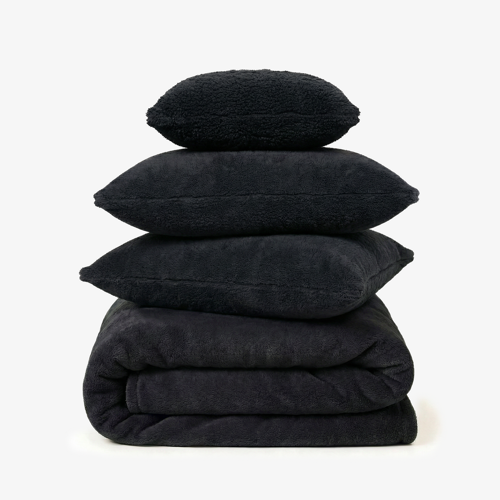 Faux Shearling Blanket With 2 pillowcases and 1 Breakfast Cushion cover - Midnight Sepia