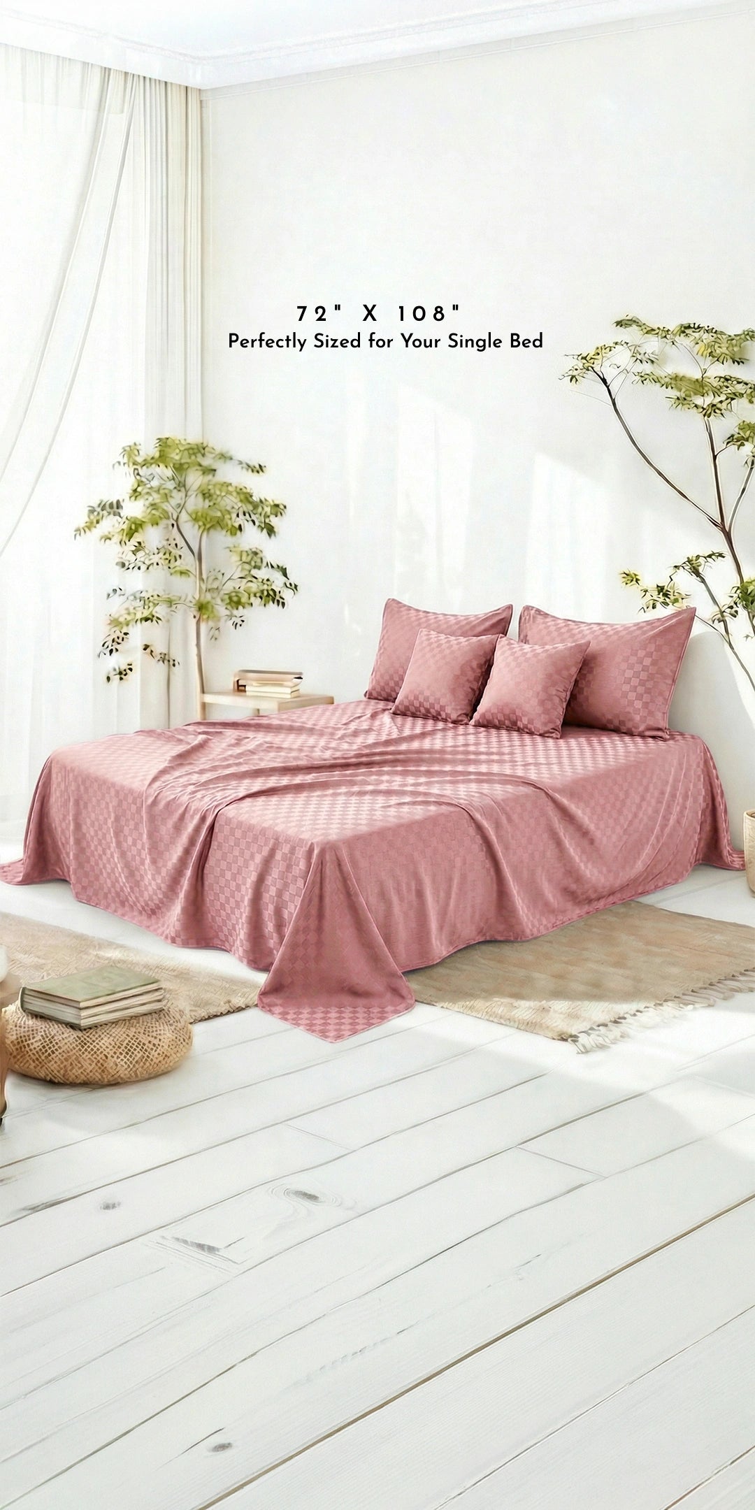 Zeries Egyptian Cotton Jacquard Single Size Bedsheet With 2 Pillow Cases & 2 Cushion Covers - Petal