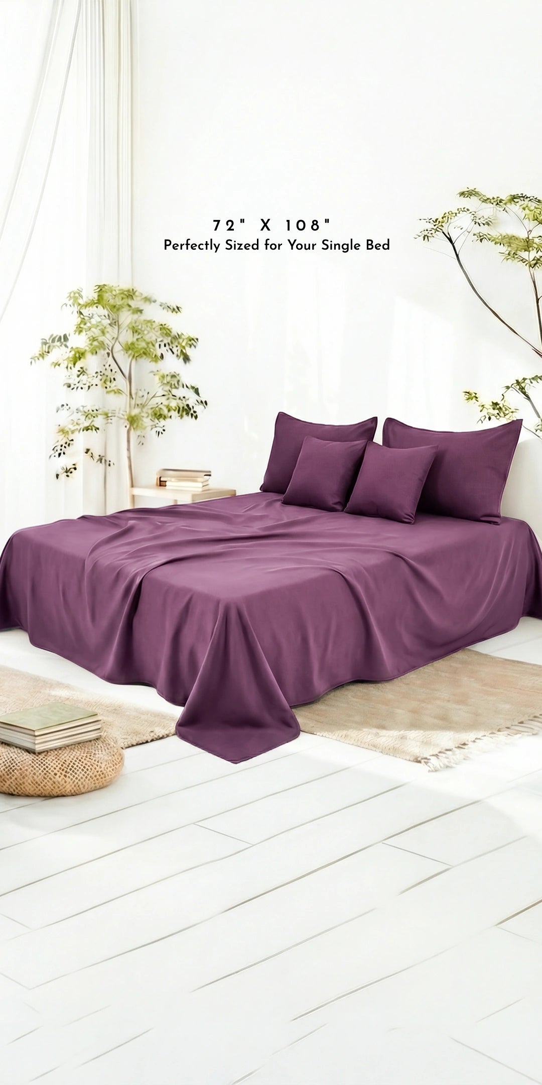 Zeries Egyptian Cotton Single Size Bedsheet With 2 Pillow Cases & 2 Cushion Covers - Plum
