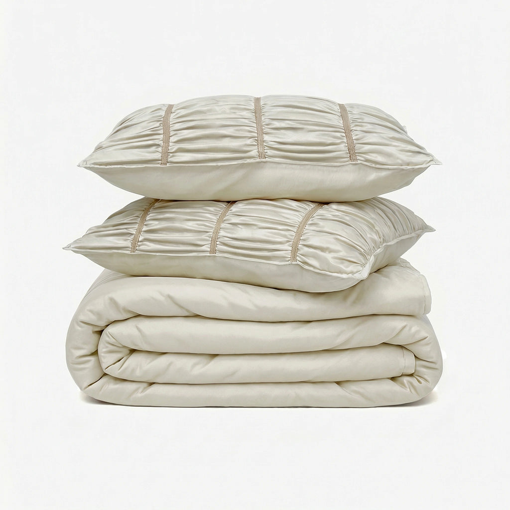 ZARF Italian Staple Weave Bedsheet With 2 Designer Pillow Cases, 2 Solid Pillowcases & 2 Cushion Covers - Porcelain