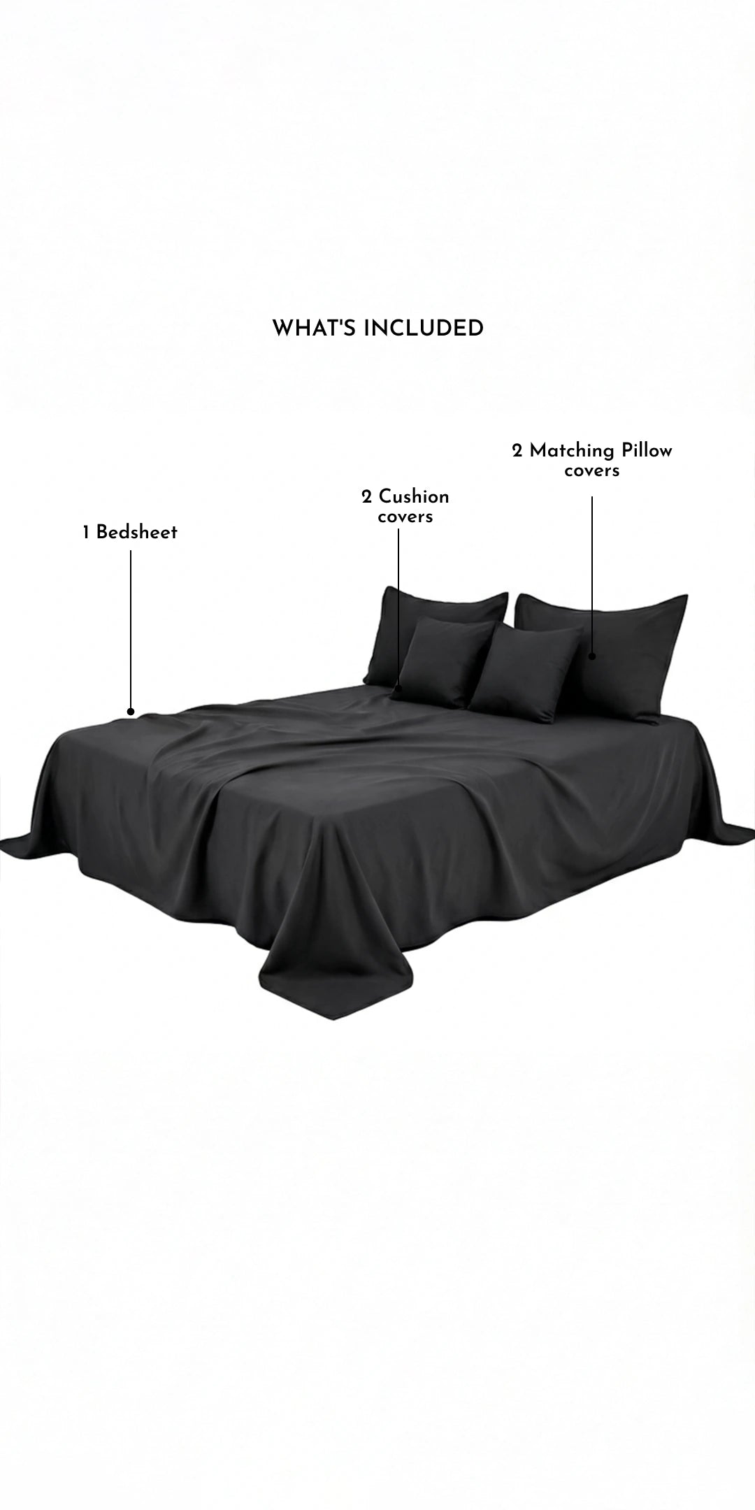 Zeries Egyptian Cotton Bedsheets With 2 Pillow Cases & 2 Cushion Covers - Raven