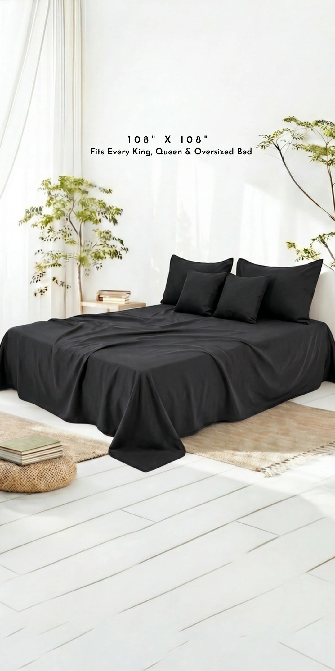 Zeries Egyptian Cotton Bedsheets With 2 Pillow Cases & 2 Cushion Covers - Raven