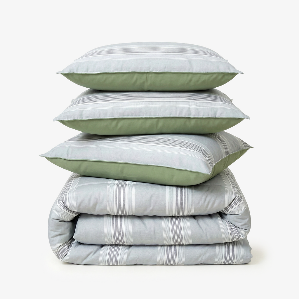 Zarf Linen Blend Bedsheet With 2 Pillow Covers & 1 Breakfast Pillow Cover - Thyme