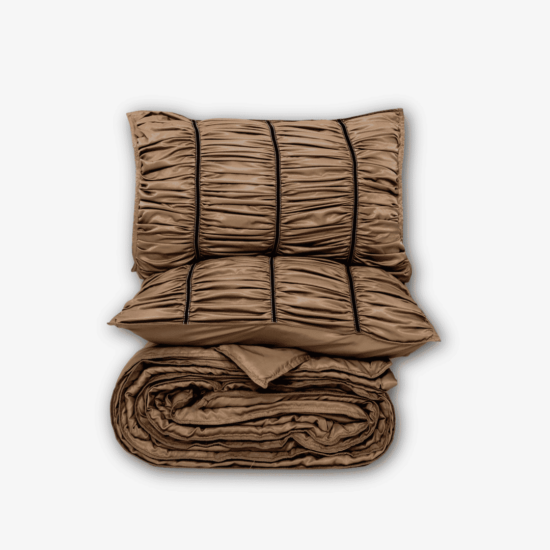 ZARF Italian Staple Weave Bedsheet With 2 Designer Pillow Cases, 2 Solid Pillowcases & 2 Cushion Covers - Caramel