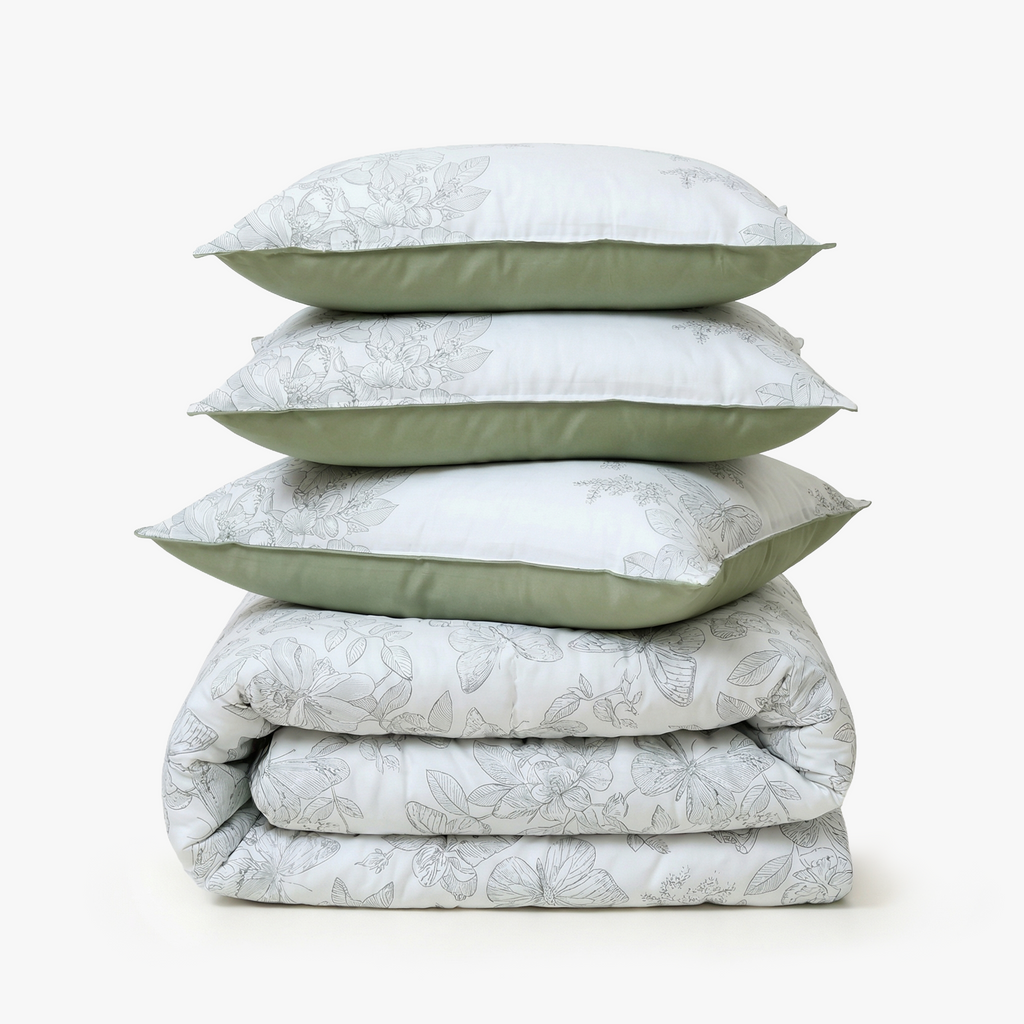 Zarf Linen Blend Bedsheet With 2 Pillow Covers & 1 Breakfast Pillow Cover - Willow